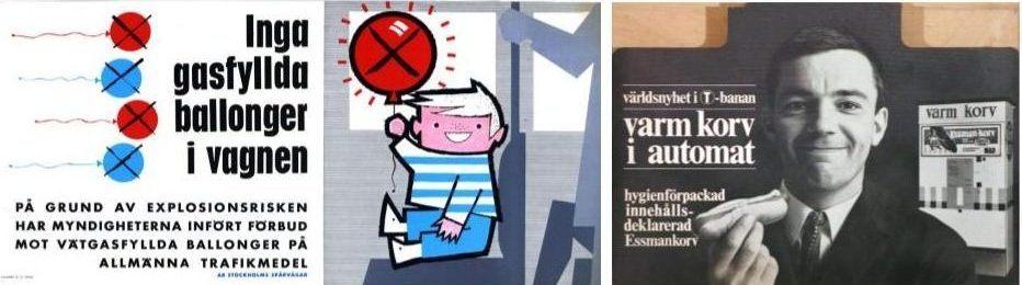 60-talsannons från Stockholms Spårvägar om ballongförbud samt 60-talsannons om korv i automat (Essmans). (Bilder från Spårvägsmuseet.)
