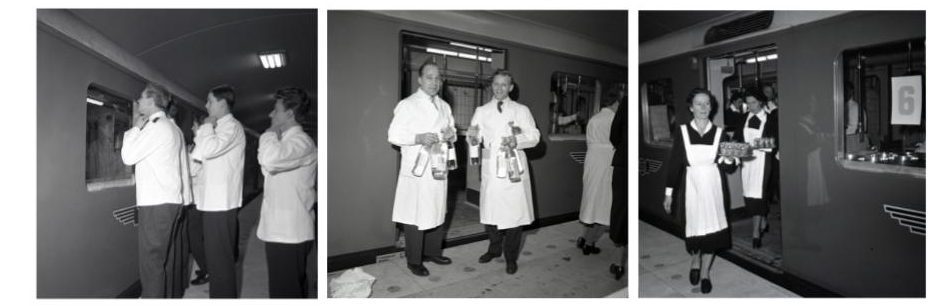 på Centralen (nuvarande T-Centralen). Fotografier från Spårvägsmusee föreställande serveringspersonal som tjänstgjorde på den taklagsfest som Stockholms Spårvägar arrangerade den 23 november 1957.