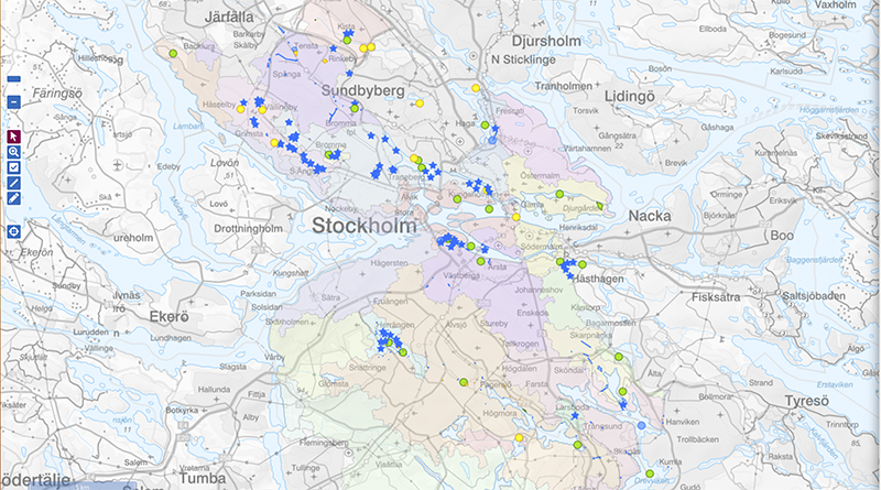 Karta över Stockholm med utsatta symboler och prickar för olika miljöåtgärder i sjöar och vattendrag.
