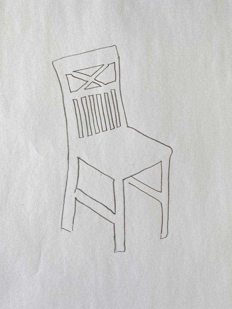 En teckning av en stol där mellanrumsformerna är avritade.