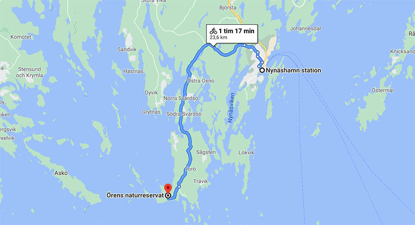 Karta med vägbeskrvining från Stockholm till Örens naturreservat på Torö