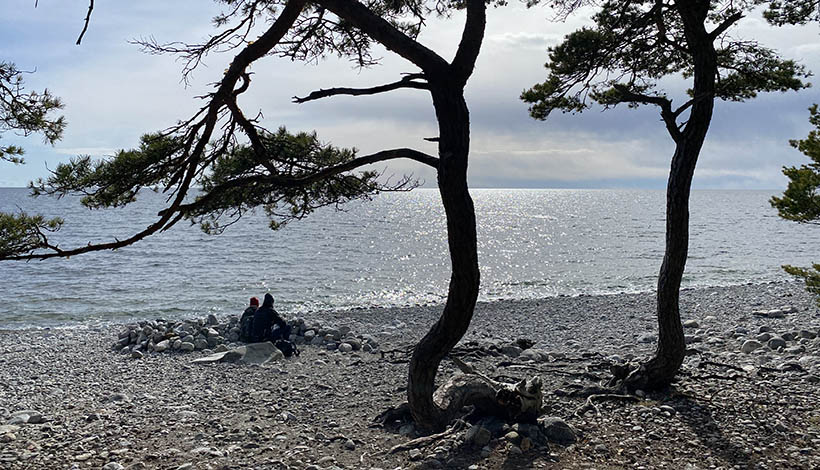 Ett par sitter på Torö stenstrand och tittar ut över havet.